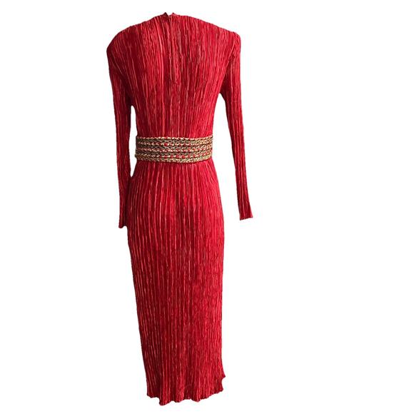 Vintage 1980s Mary McFadden Couture Pleat Gown Midi Red Gold Holiday Size 12 - Picture 6 of 9